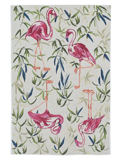 8' X 10' Ivory And Pink Flamingo Hand Hooked Area Rug