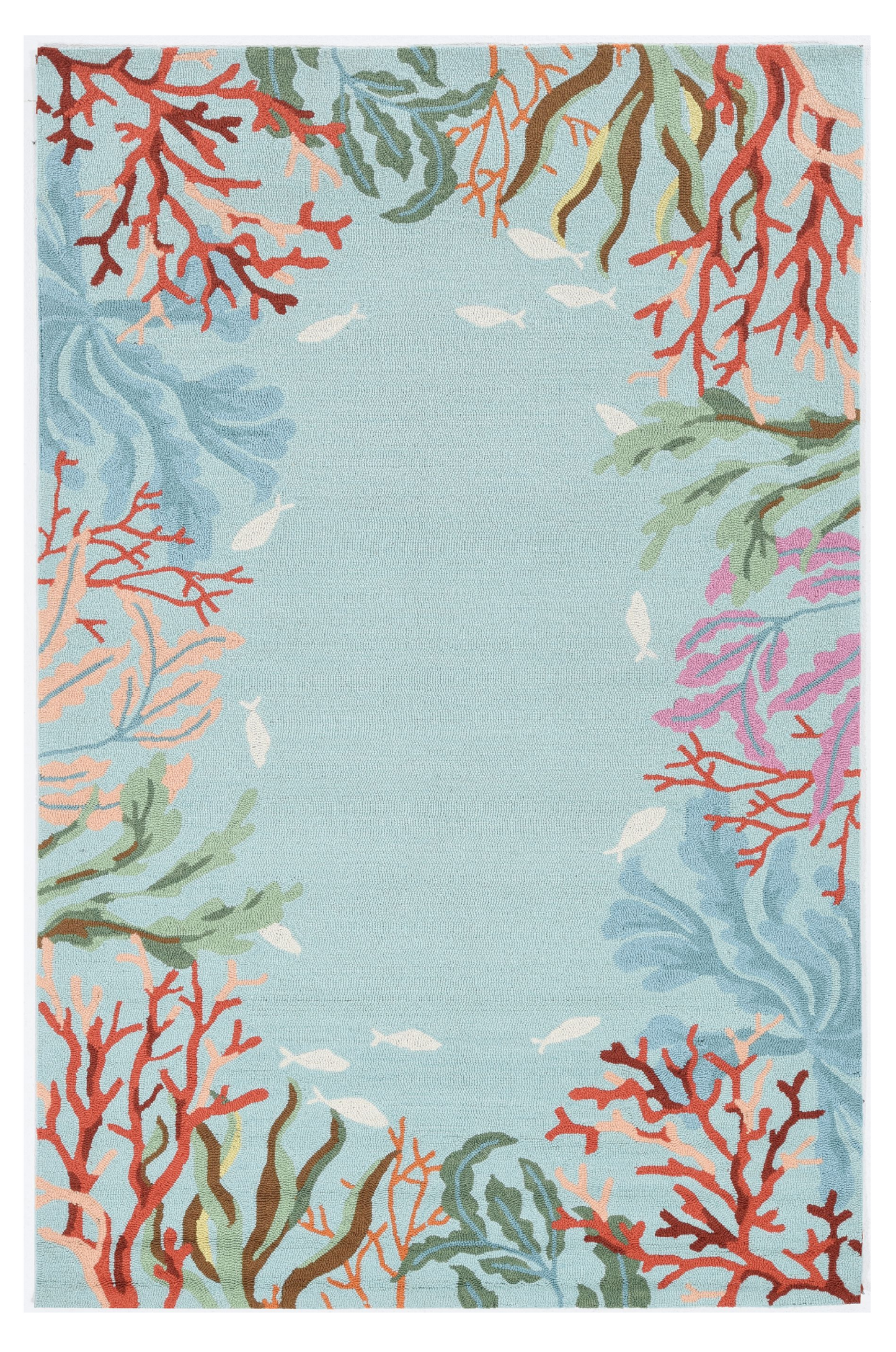 2' X 4' Blue Hand Hooked Bordered Coral Reef Indoor Accent Rug