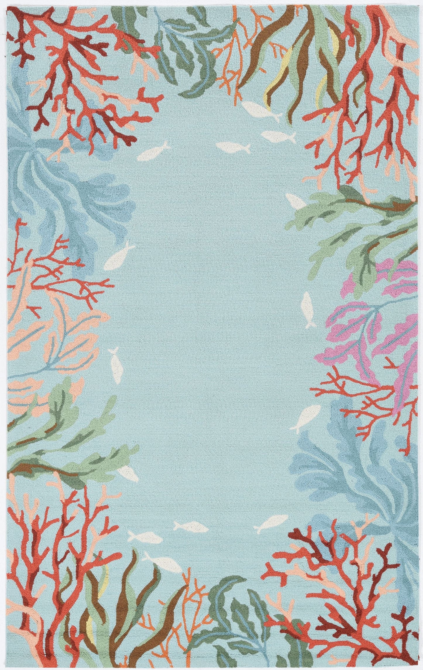 2' X 4' Blue Hand Hooked Bordered Coral Reef Indoor Accent Rug