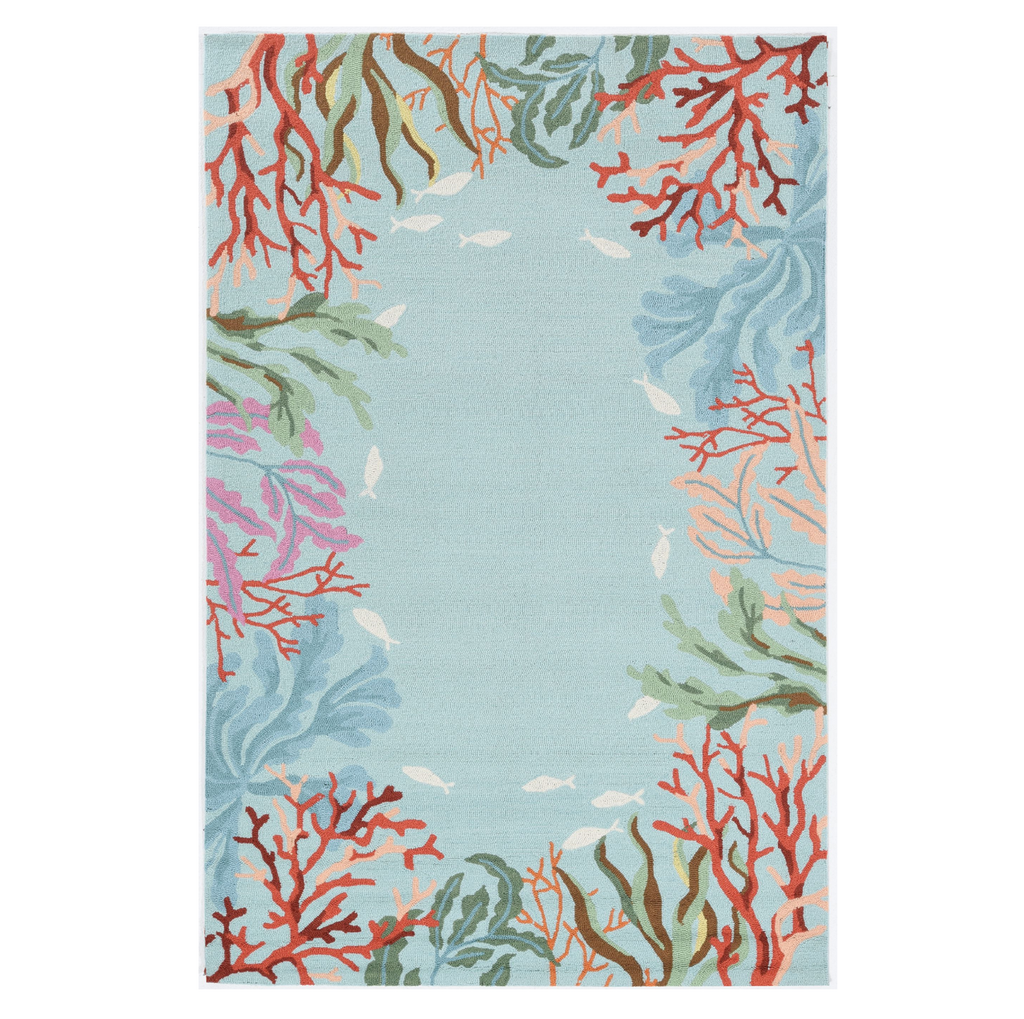 2' X 4' Blue Hand Hooked Bordered Coral Reef Indoor Accent Rug