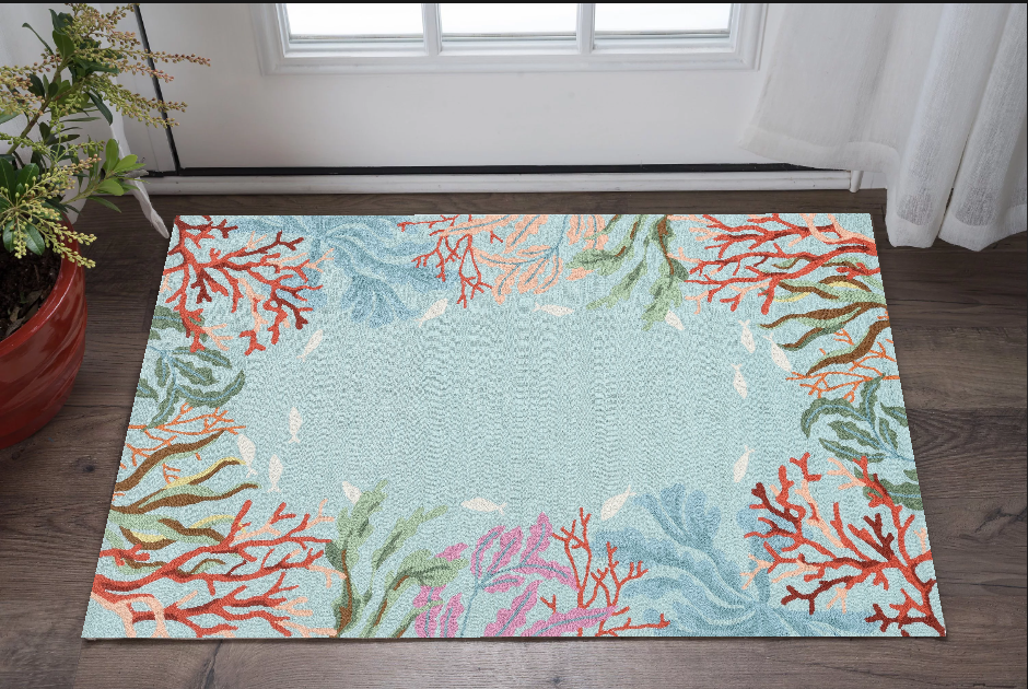 2' X 4' Blue Hand Hooked Bordered Coral Reef Indoor Accent Rug