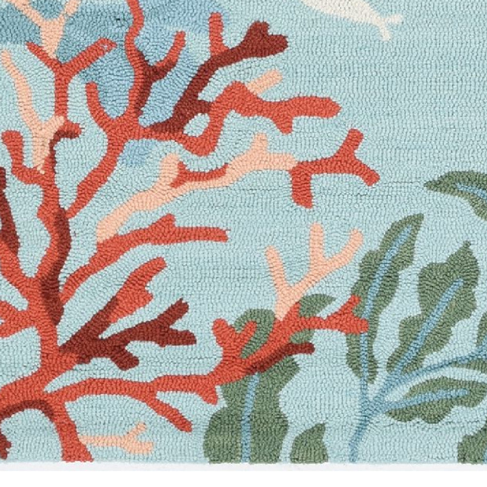 2' X 4' Blue Hand Hooked Bordered Coral Reef Indoor Accent Rug