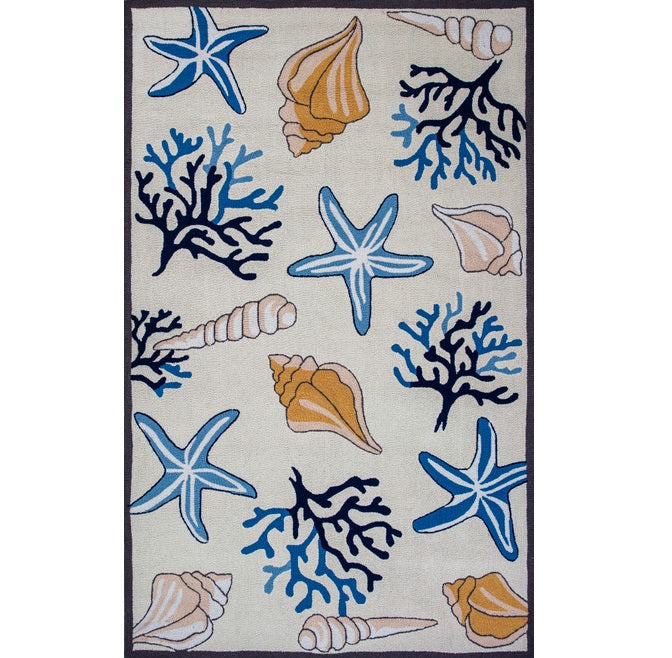 5' X 8' Ivory Hand Hooked Corals And Shells Indoor Area Rug