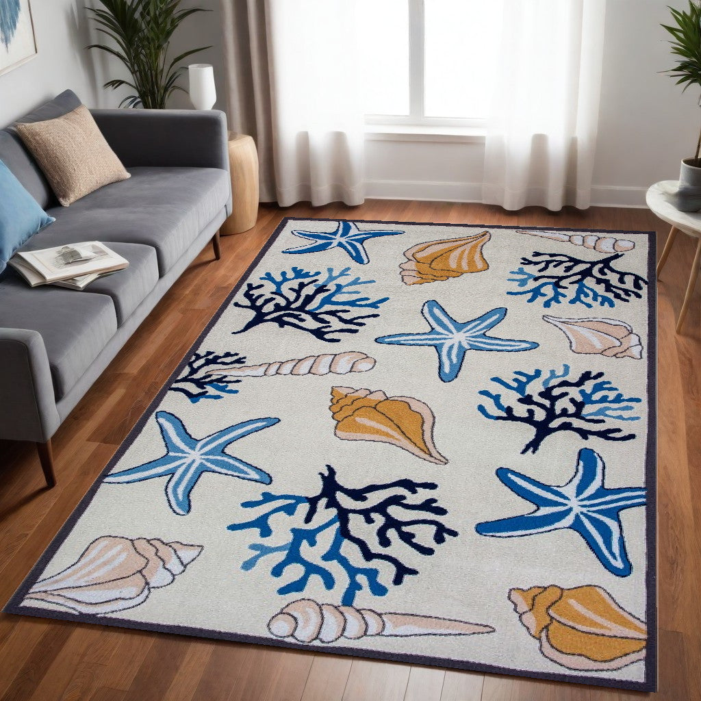 5' X 8' Ivory Hand Hooked Corals And Shells Indoor Area Rug