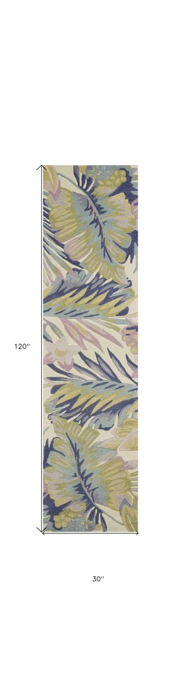 5' X 8' Green Pink And Purple Wool Tropical Botanical Hand Tufted Area Rug