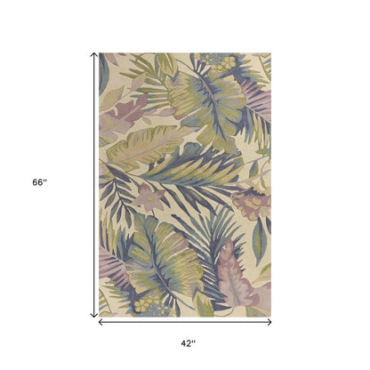 5' X 8' Green Pink And Purple Wool Tropical Botanical Hand Tufted Area Rug