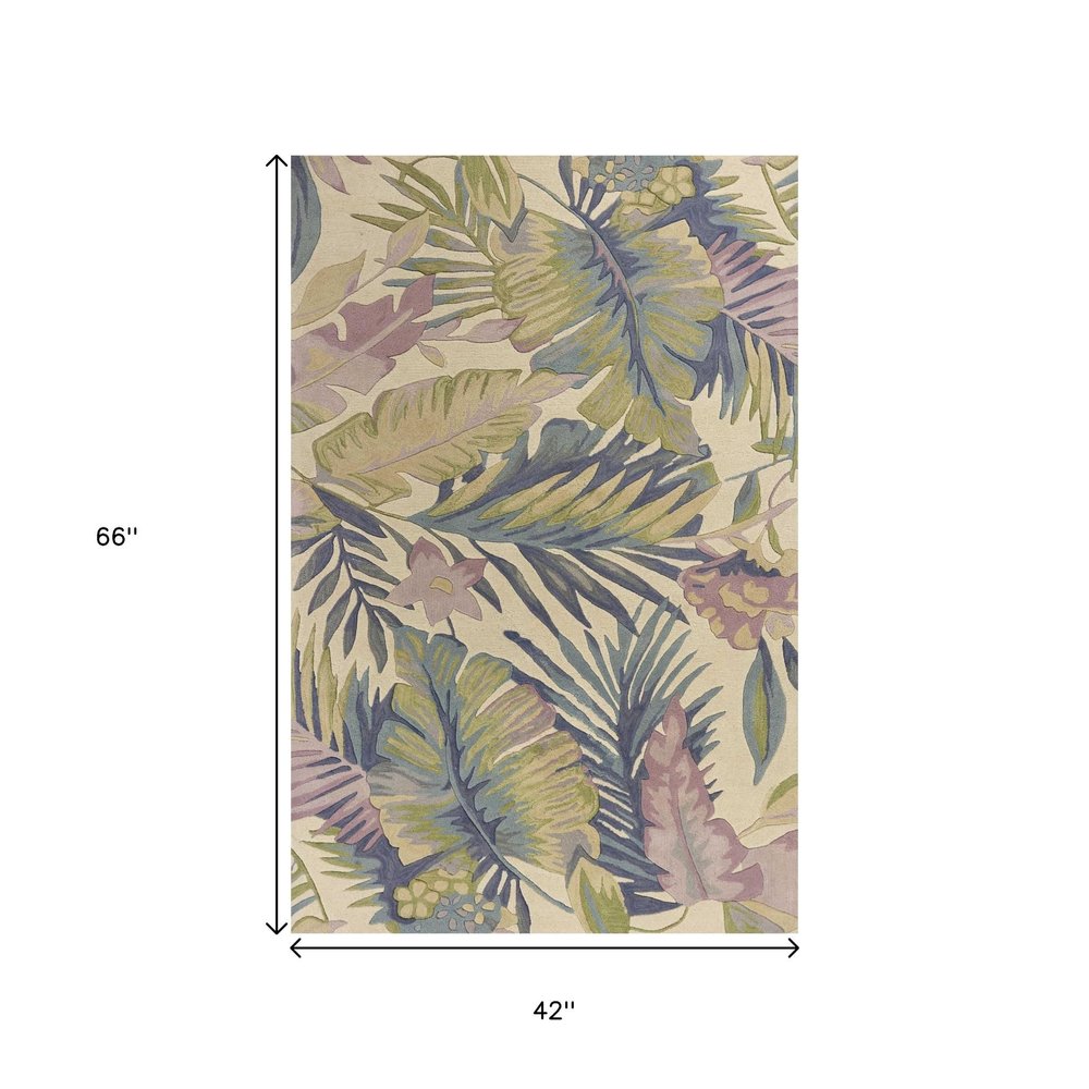 5' X 8' Green Pink And Purple Wool Tropical Botanical Hand Tufted Area Rug