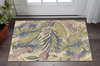 5' X 8' Green Pink And Purple Wool Tropical Botanical Hand Tufted Area Rug