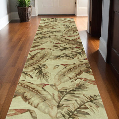 10' Brown Green And Red Wool Tropical Botanical Hand Tufted Runner Rug