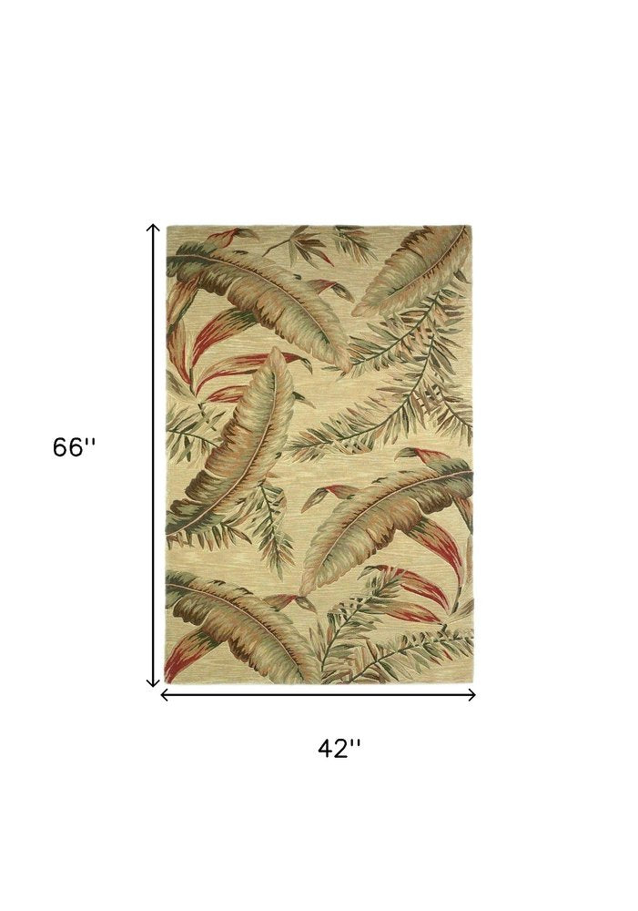5' X 8' Brown Green And Red Wool Tropical Botanical Hand Tufted Area Rug