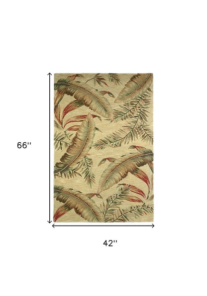 5' X 8' Brown Green And Red Wool Tropical Botanical Hand Tufted Area Rug
