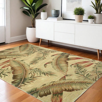 5' X 8' Brown Green And Red Wool Tropical Botanical Hand Tufted Area Rug
