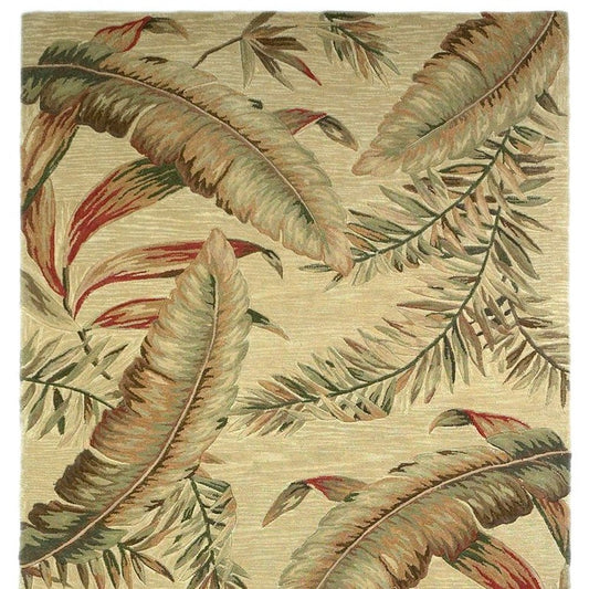 4' X 6' Brown Green And Red Wool Tropical Botanical Hand Tufted Area Rug