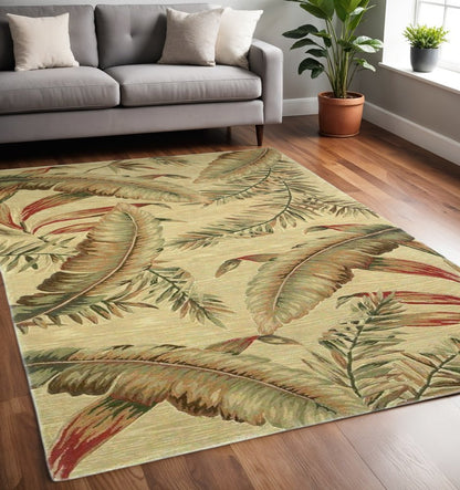 10' Brown Green And Red Wool Tropical Botanical Hand Tufted Runner Rug