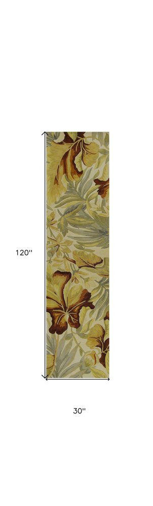 3' X 5' Ivory Green And Red Wool Tropical Botanical Hand Tufted Area Rug