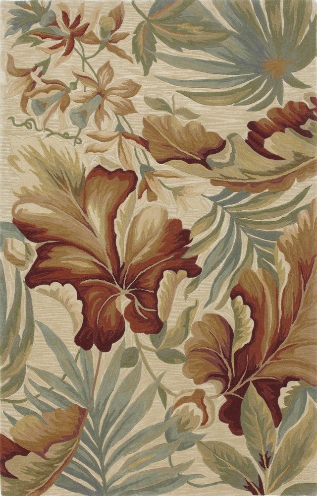 3' X 5' Ivory Green And Red Wool Tropical Botanical Hand Tufted Area Rug