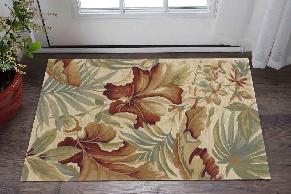 3' X 5' Ivory Green And Red Wool Tropical Botanical Hand Tufted Area Rug