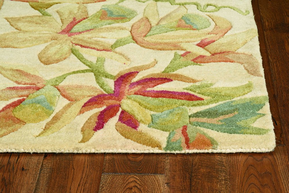 3' X 5' Ivory Green And Red Wool Tropical Botanical Hand Tufted Area Rug