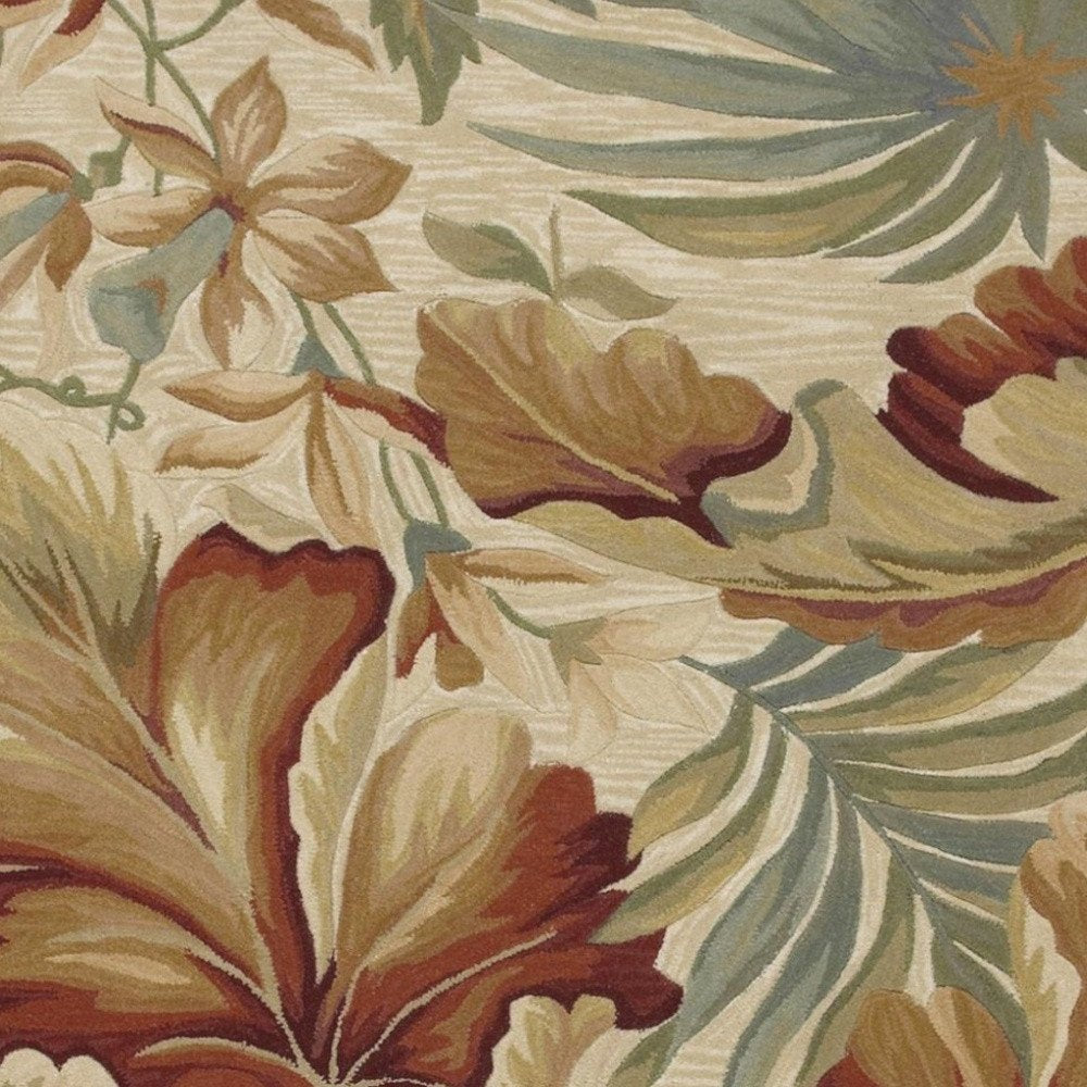 3' X 5' Ivory Green And Red Wool Tropical Botanical Hand Tufted Area Rug