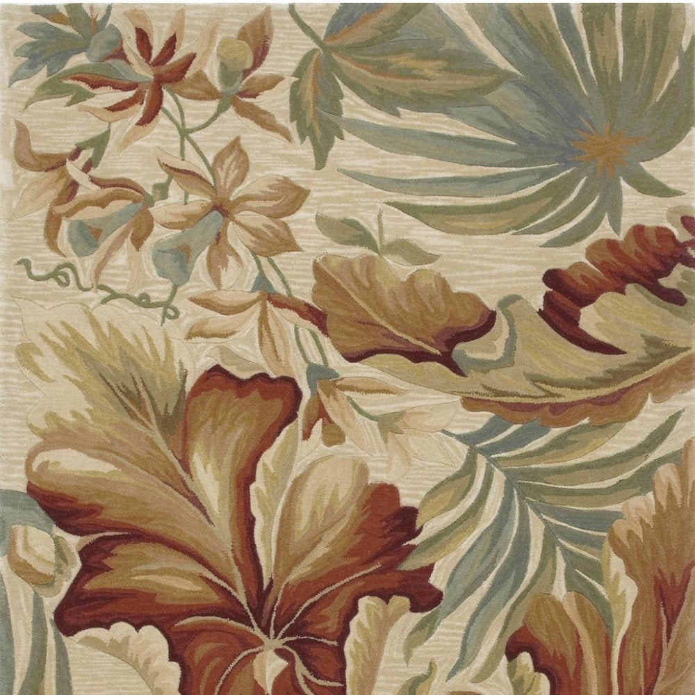 3' X 5' Ivory Green And Red Wool Tropical Botanical Hand Tufted Area Rug