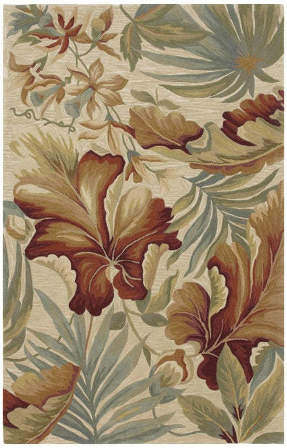 3' X 5' Ivory Green And Red Wool Tropical Botanical Hand Tufted Area Rug