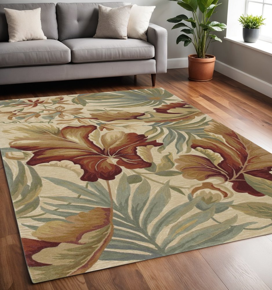 3' X 5' Ivory Green And Red Wool Tropical Botanical Hand Tufted Area Rug
