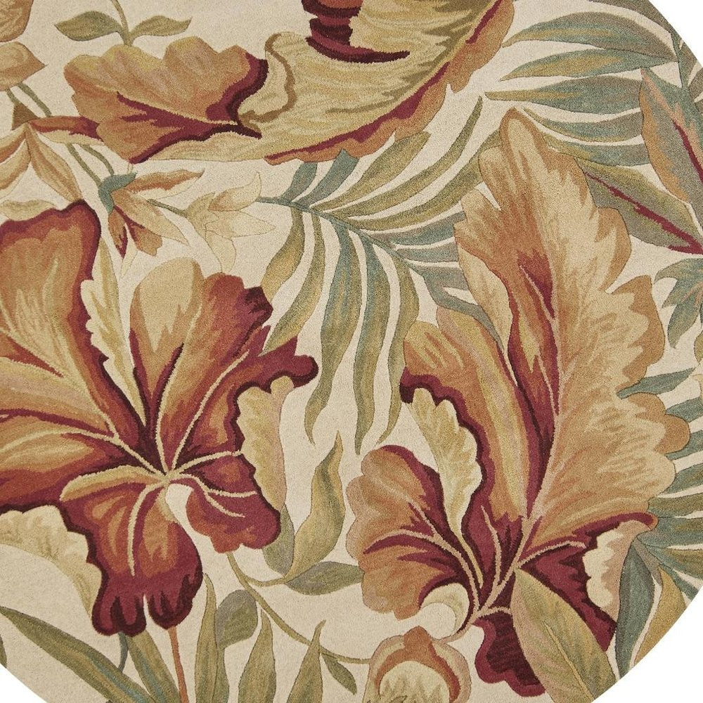 3' X 5' Ivory Green And Red Wool Tropical Botanical Hand Tufted Area Rug