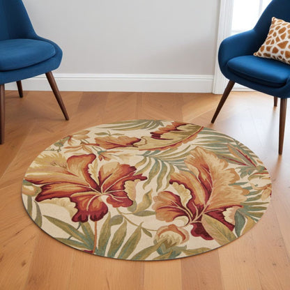 3' X 5' Ivory Green And Red Wool Tropical Botanical Hand Tufted Area Rug