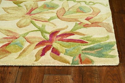 3' X 5' Ivory Green And Red Wool Tropical Botanical Hand Tufted Area Rug