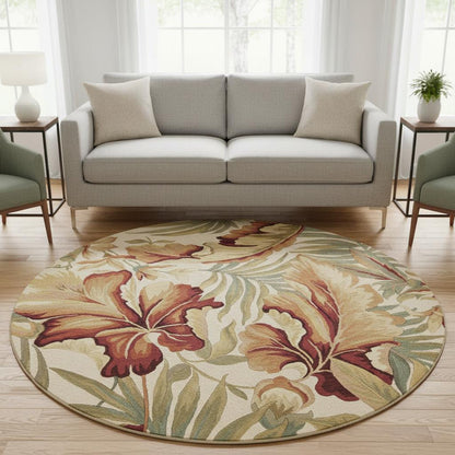 3' X 5' Ivory Green And Red Wool Tropical Botanical Hand Tufted Area Rug