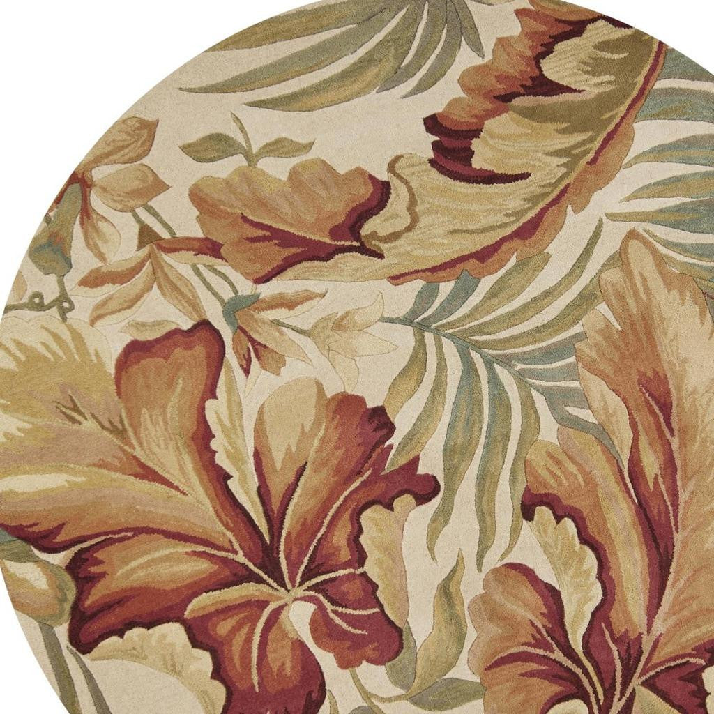 3' X 5' Ivory Green And Red Wool Tropical Botanical Hand Tufted Area Rug