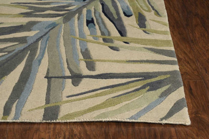 8' X 10' Ivory Blue And Green Wool Tropical Botanical Hand Tufted Area Rug