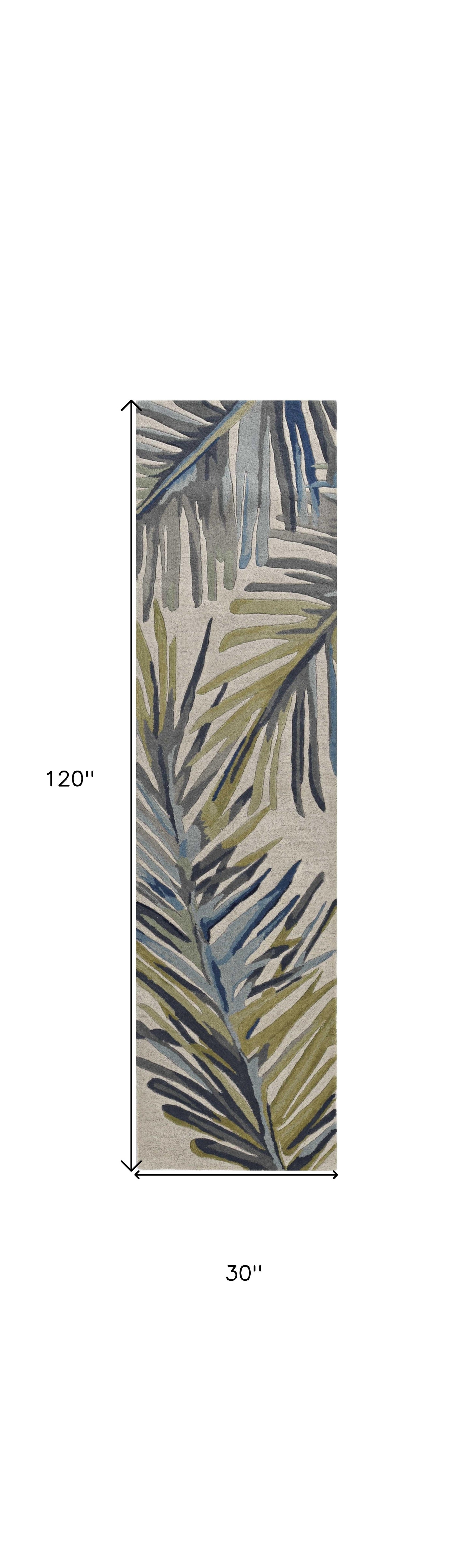 10' Ivory Blue Hand Tufted Tropical Palms Indoor Runner Rug