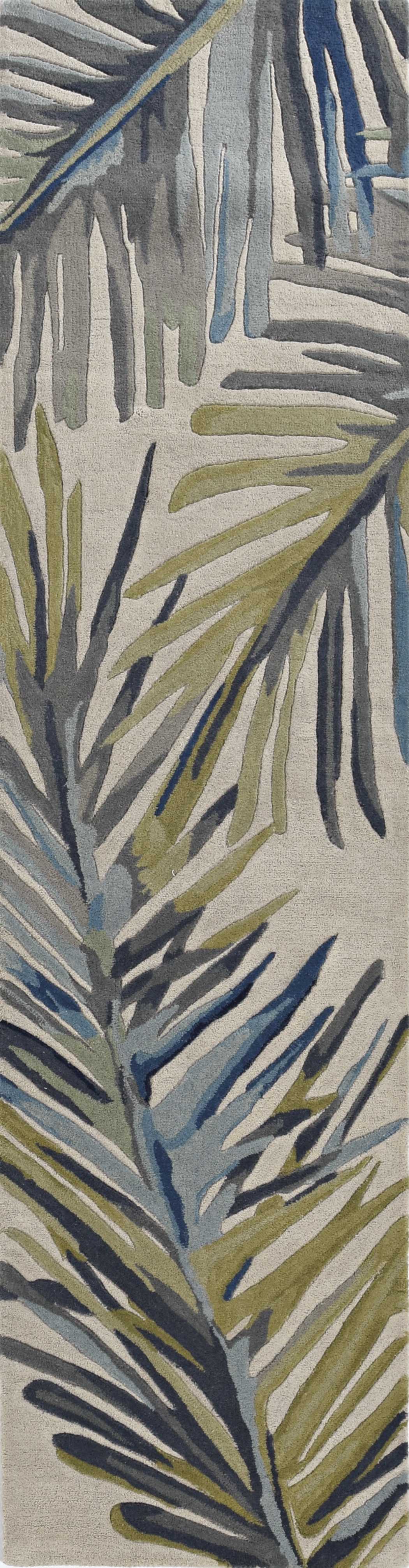 10' Ivory Blue Hand Tufted Tropical Palms Indoor Runner Rug