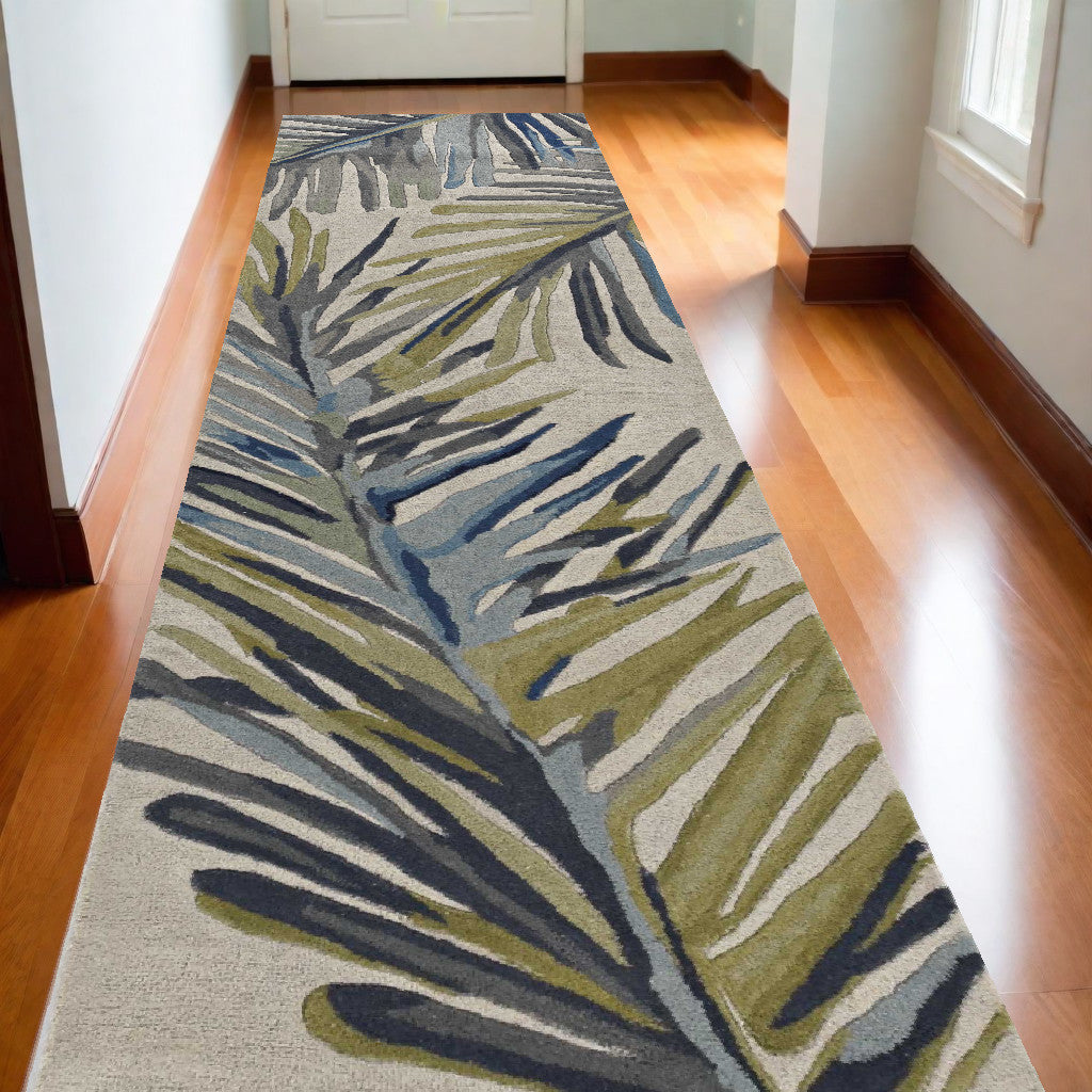 10' Ivory Blue Hand Tufted Tropical Palms Indoor Runner Rug