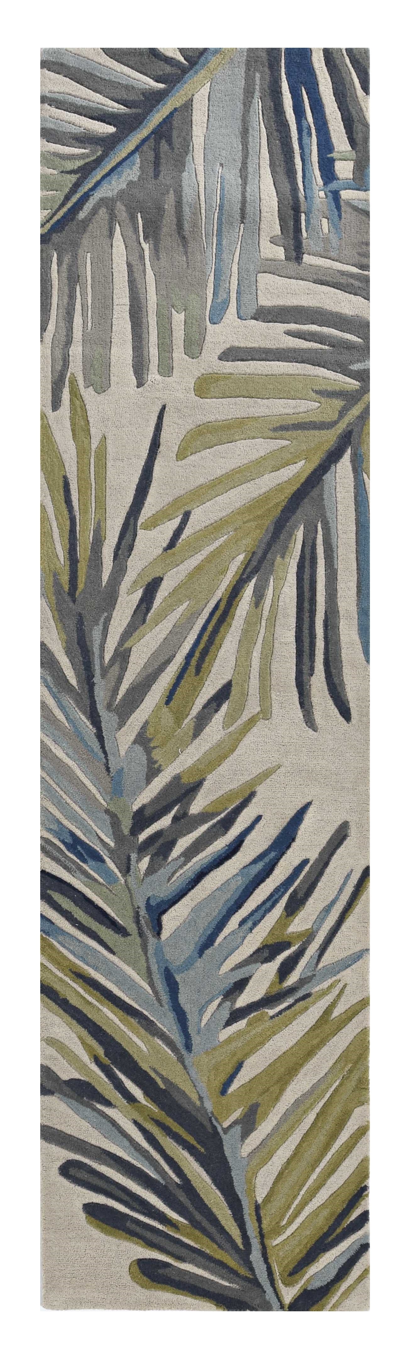 10' Ivory Blue Hand Tufted Tropical Palms Indoor Runner Rug