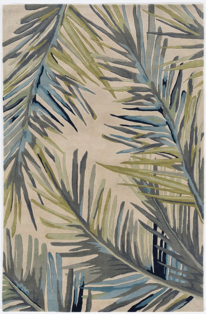 8' X 10' Ivory Blue And Green Wool Tropical Botanical Hand Tufted Area Rug