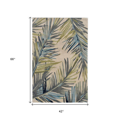 8' X 10' Ivory Blue And Green Wool Tropical Botanical Hand Tufted Area Rug