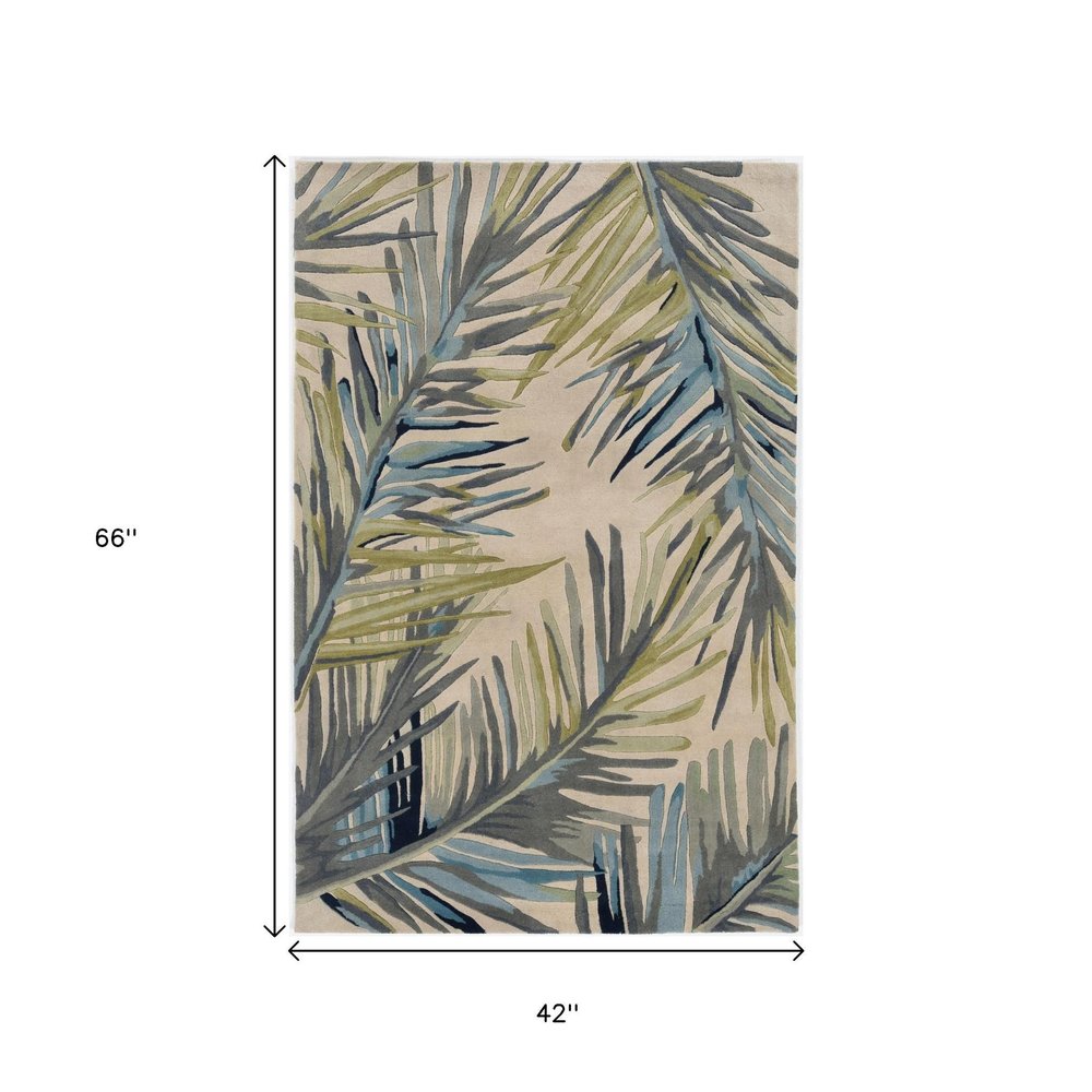 8' X 10' Ivory Blue And Green Wool Tropical Botanical Hand Tufted Area Rug