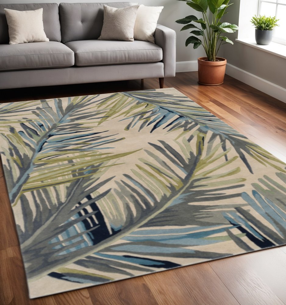 8' X 10' Ivory Blue And Green Wool Tropical Botanical Hand Tufted Area Rug