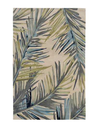 8' X 10' Ivory Blue And Green Wool Tropical Botanical Hand Tufted Area Rug