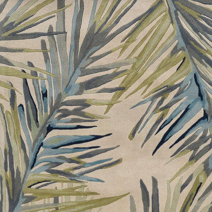 8' X 10' Ivory Blue And Green Wool Tropical Botanical Hand Tufted Area Rug