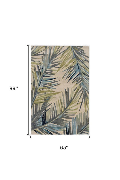 8' X 10' Ivory Blue And Green Wool Tropical Botanical Hand Tufted Area Rug