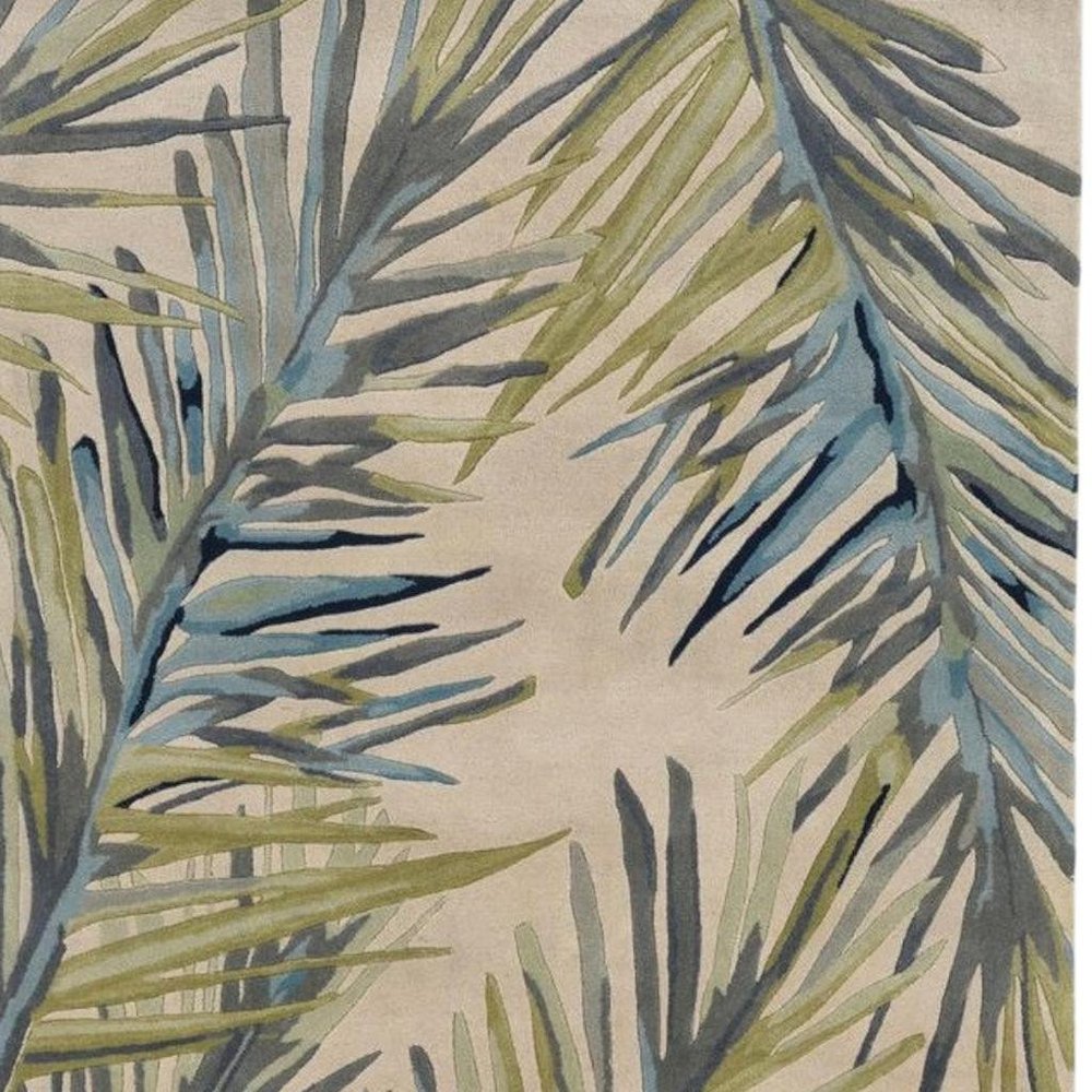 8' X 10' Ivory Blue And Green Wool Tropical Botanical Hand Tufted Area Rug
