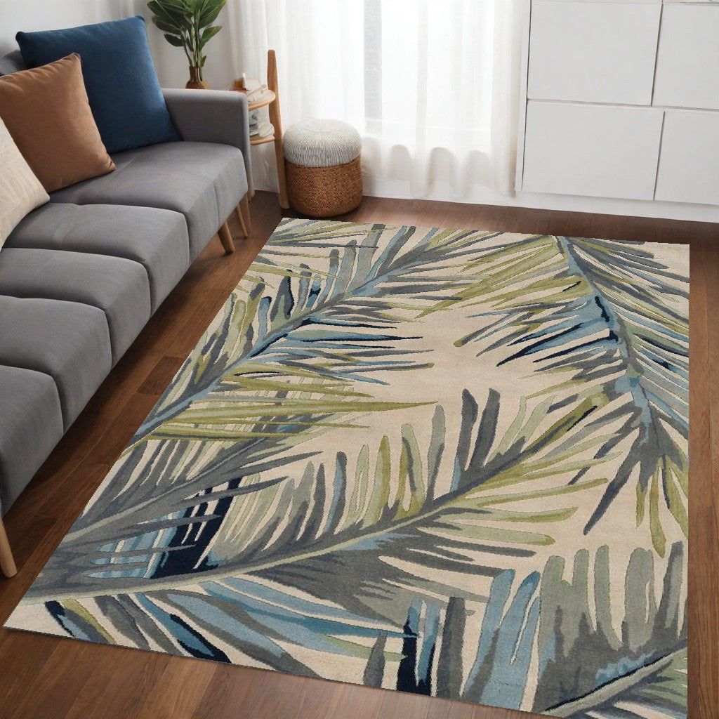 10' Ivory Blue Hand Tufted Tropical Palms Indoor Runner Rug