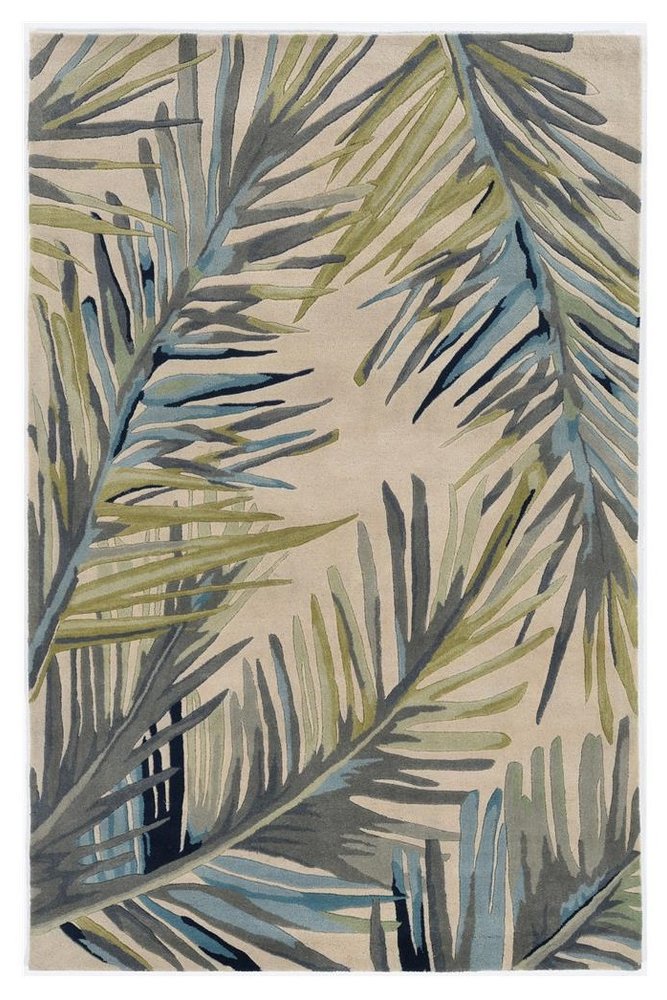 8' X 10' Ivory Blue And Green Wool Tropical Botanical Hand Tufted Area Rug