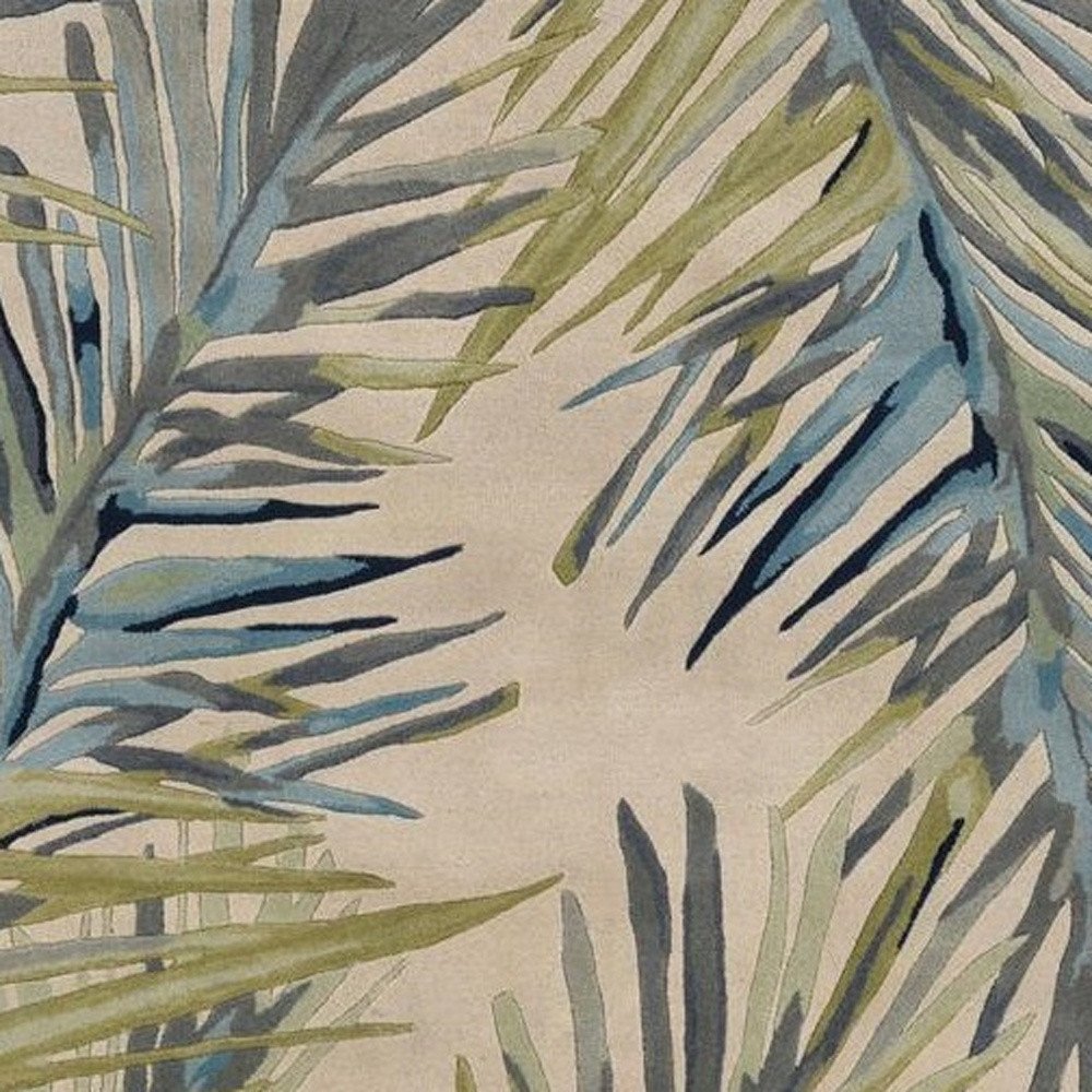 8' X 10' Ivory Blue And Green Wool Tropical Botanical Hand Tufted Area Rug