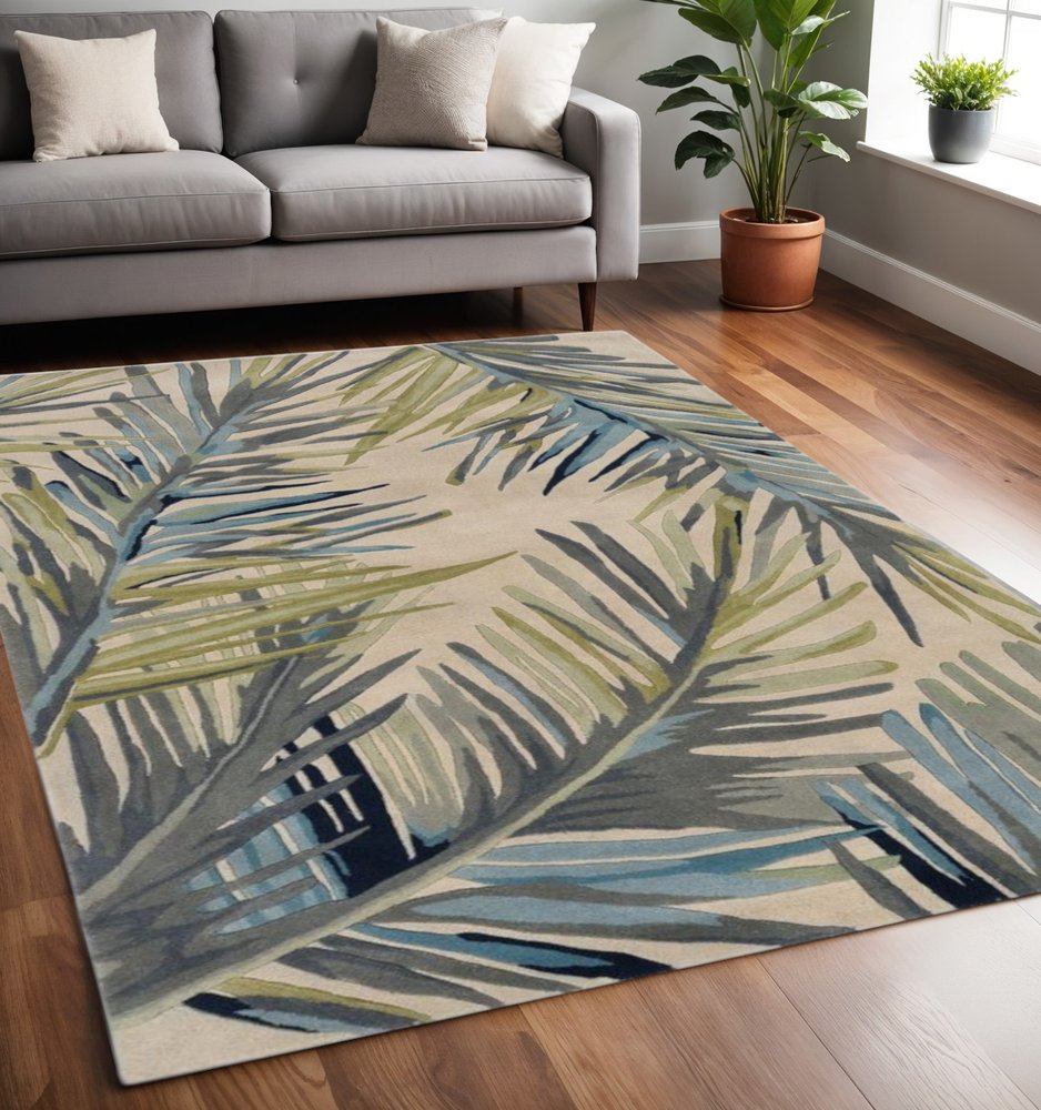 8' X 10' Ivory Blue And Green Wool Tropical Botanical Hand Tufted Area Rug