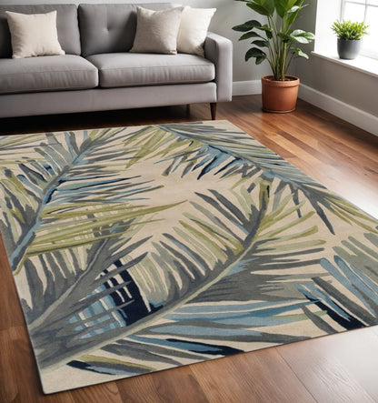 8' X 10' Ivory Blue And Green Wool Tropical Botanical Hand Tufted Area Rug