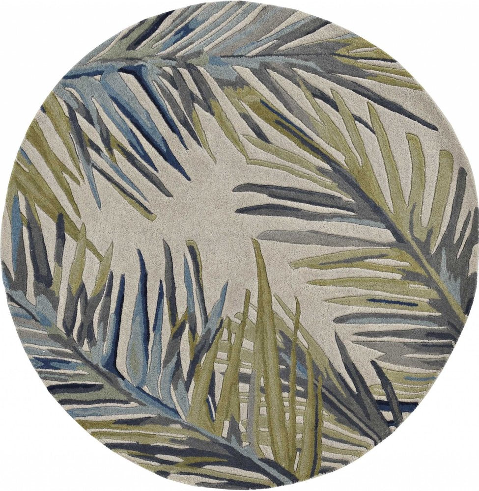 8' X 10' Ivory Blue And Green Wool Tropical Botanical Hand Tufted Area Rug